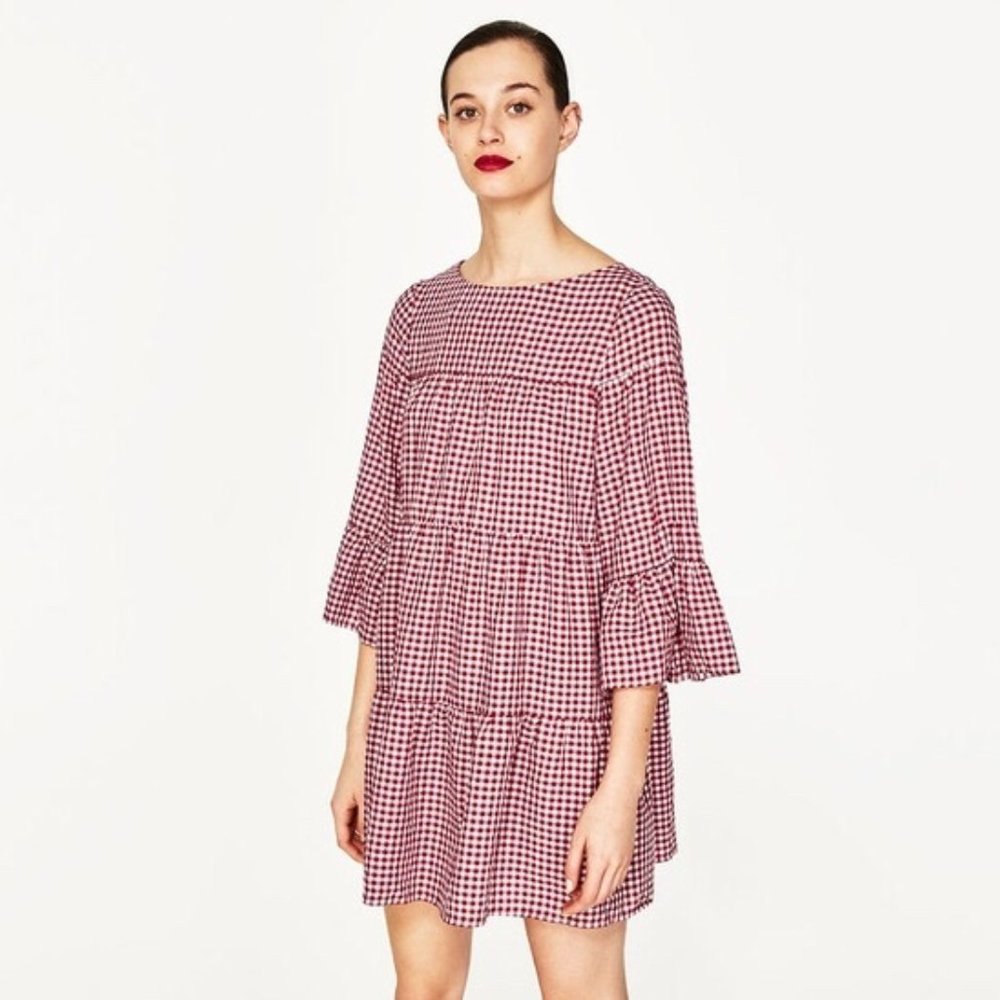 Zara Red White Gingham Tiered Smock Dress, Small - Picture 2 of 6